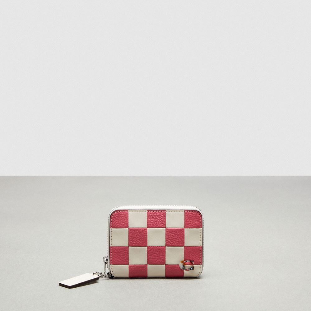 COACH®,Zip Around Wallet In Checkerboard Upcrafted Leather,Mini,Checkerboard,Pink/Chalk,Front View