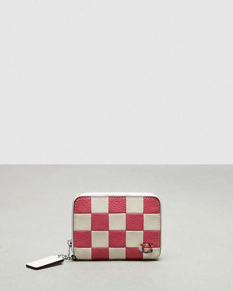 COACH®,Zip Around Wallet in Checkerboard Upcrafted Leather,Mini,Checkerboard,Pink/Chalk,Front View
