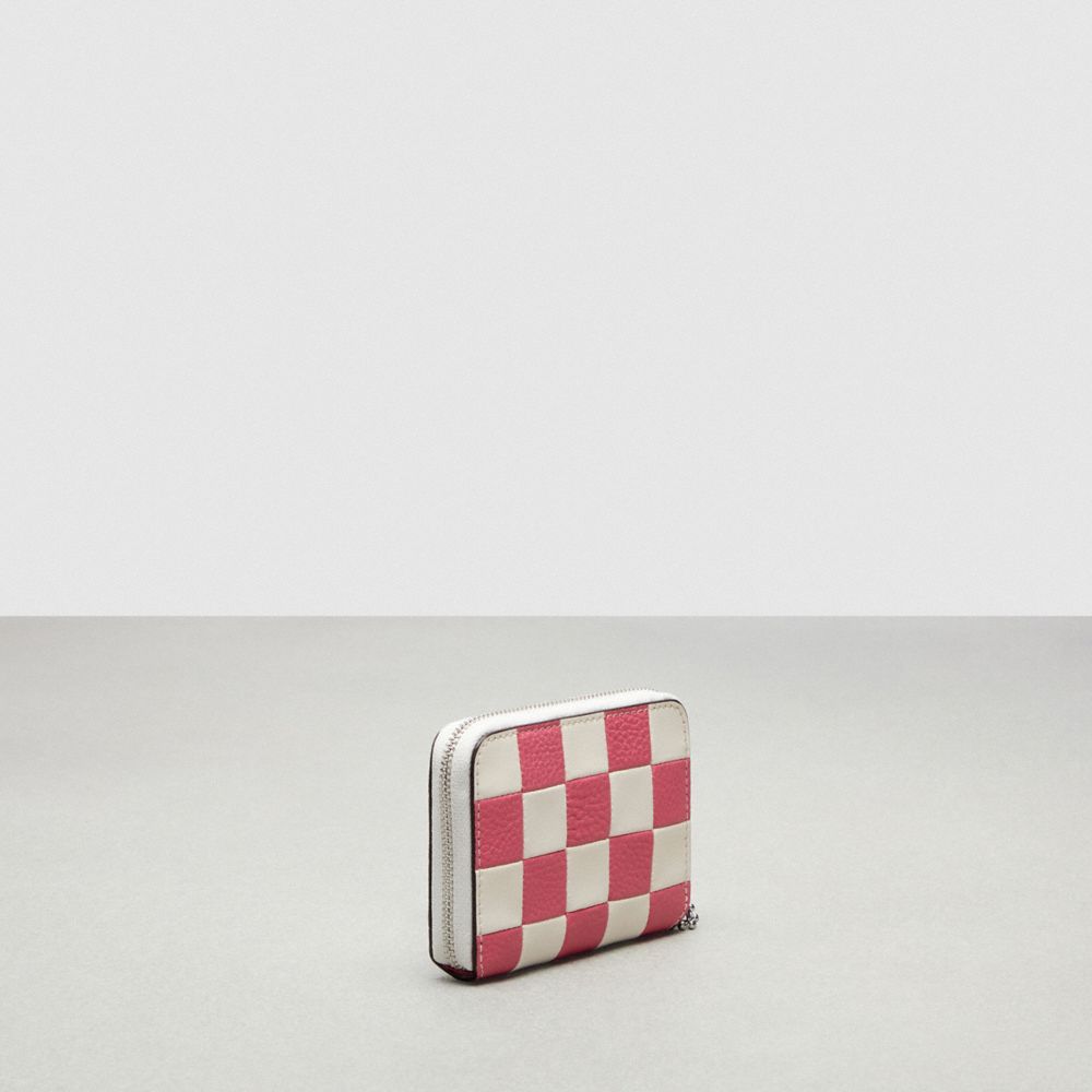 COACH®,Zip Around Wallet In Checkerboard Upcrafted Leather,Mini,Checkerboard,Pink/Chalk,Angle View