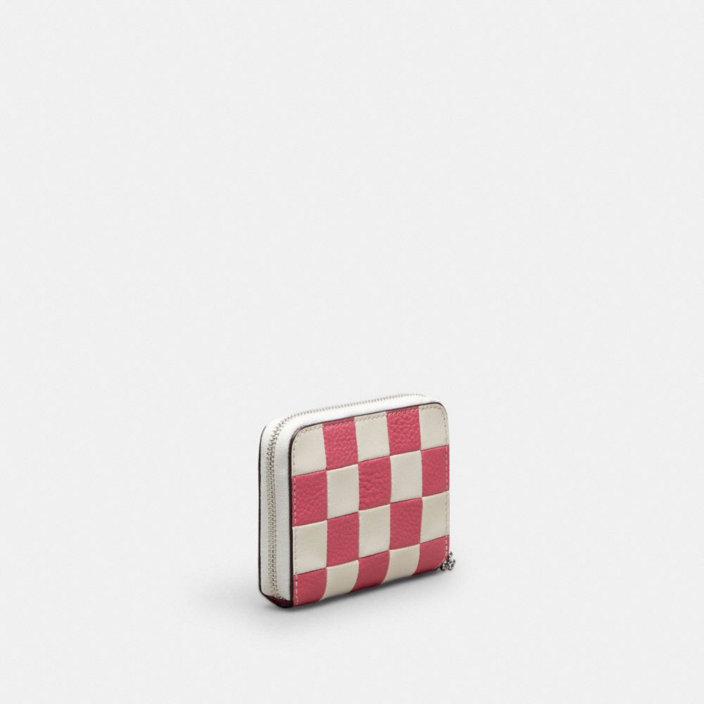 COACH®,Zip Around Wallet In Checkerboard Upcrafted Leather,Mini,Checkerboard,Pink/Chalk,Angle View