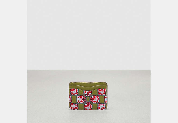 COACH®,Wavy Card Case in Coachtopia Leather: Butterfly Print,Checkerboard,Olive Green Multi,Front View