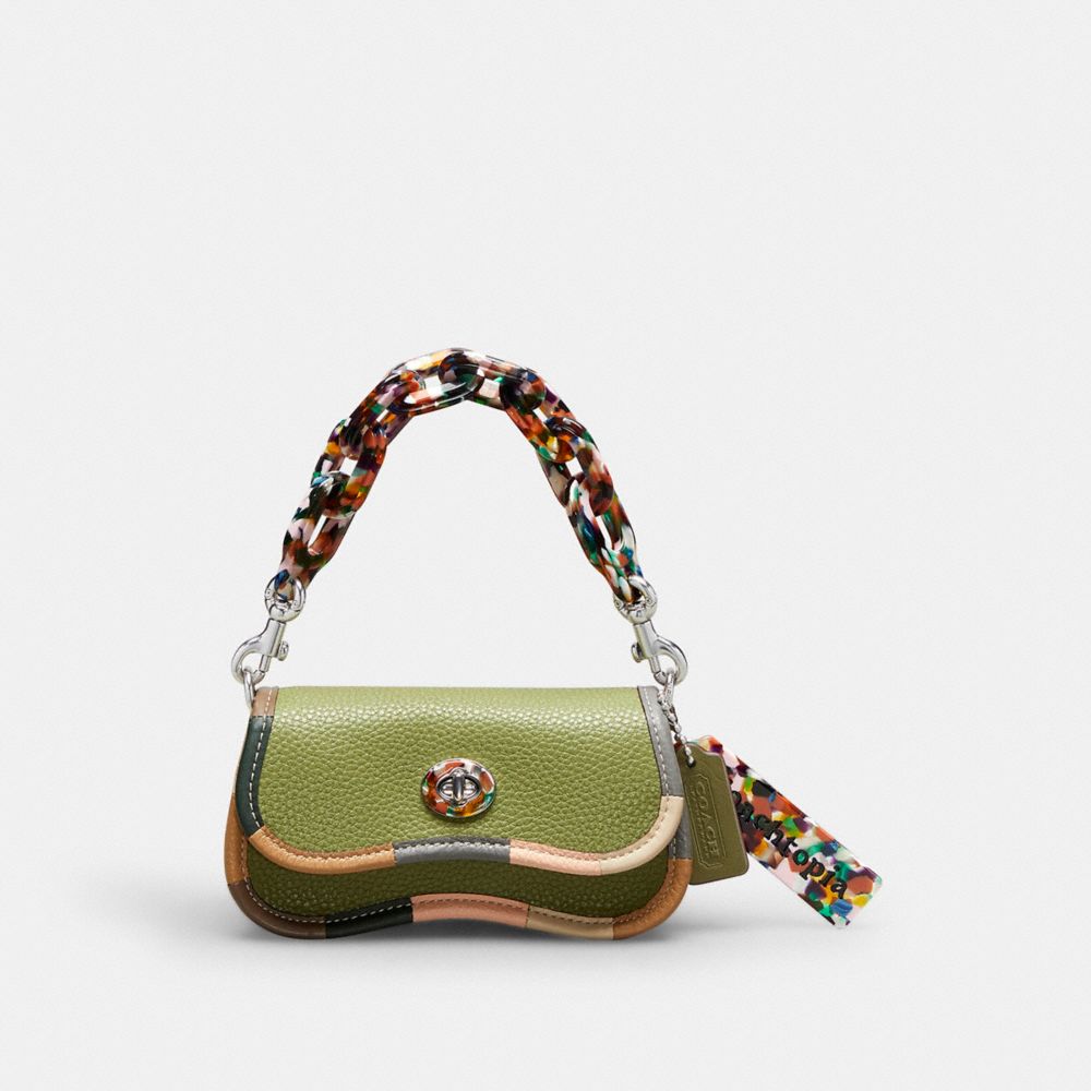 COACH®,Mini Wavy Dinky Bag With Colorful Binding In Upcrafted Leather,Mini,Olive Green Multi,Front View