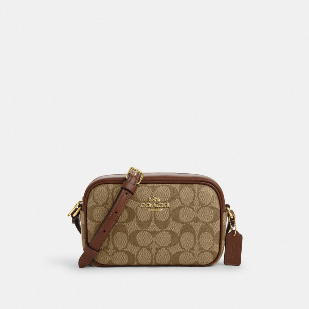 COACH®,MINI JAMIE CAMERA BAG IN SIGNATURE CANVAS,Gold/Khaki Saddle 2,Front View