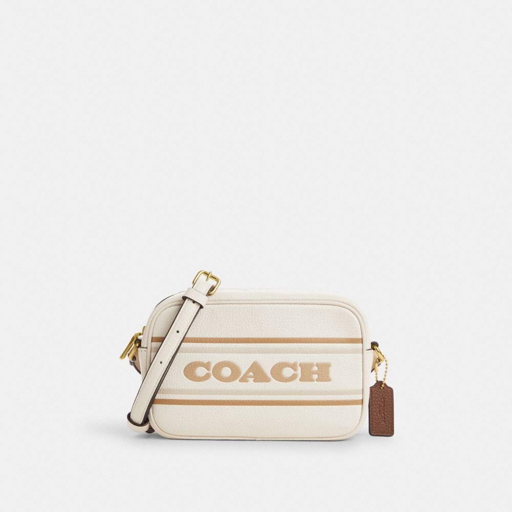 COACH®,MINI SAC POUR APPAREIL PHOTO JAMIE AVEC BANDE,PITONE LUCIDO,Or/Craie Multi,Front View