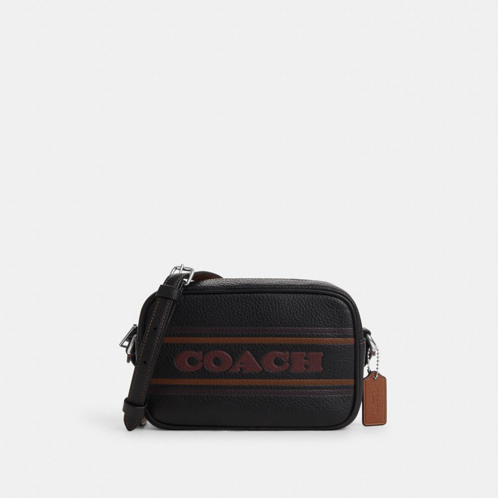 COACH®,MINI SAC POUR APPAREIL PHOTO JAMIE AVEC BANDE,PITONE LUCIDO,Argent/Noir/Selle,Front View