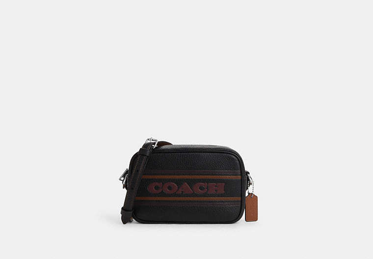 COACH®,MINI JAMIE CAMERA BAG WITH STRIPE,Leather,Small,Silver/Black/Saddle,Front View