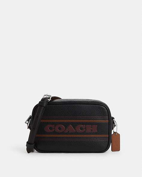 COACH®,MINI JAMIE CAMERA BAG WITH STRIPE,Leather,Small,Silver/Black/Saddle,Front View