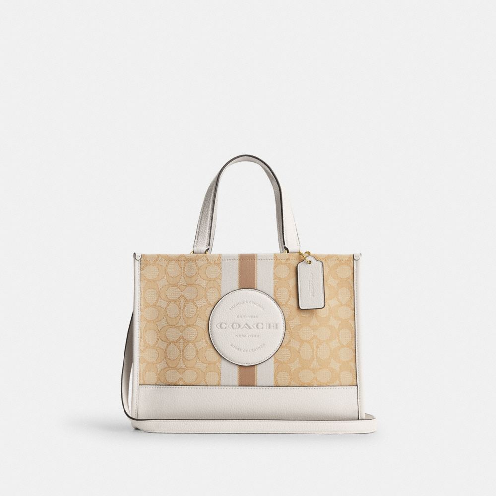 COACH®,DEMPSEY CARRYALL BAG IN SIGNATURE JACQUARD WITH STRIPE AND COACH PATCH,Non Leather,Medium,Gold/Light Khaki Chalk,Front View