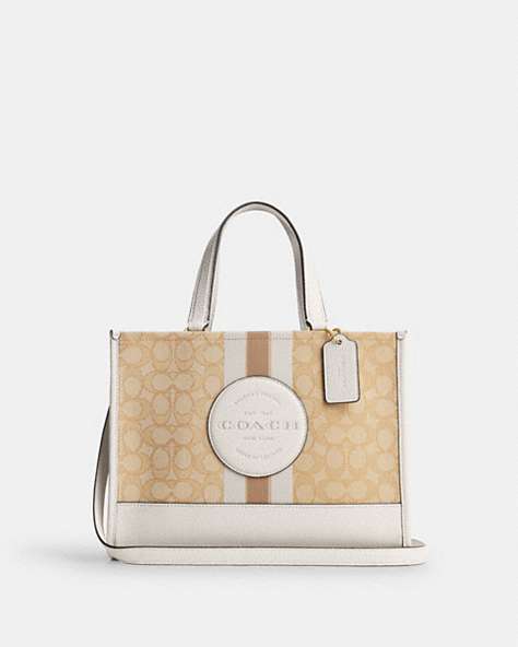 COACH®,DEMPSEY CARRYALL BAG IN SIGNATURE JACQUARD WITH STRIPE AND COACH PATCH,Jacquard,Medium,Gold/Light Khaki Chalk,Front View
