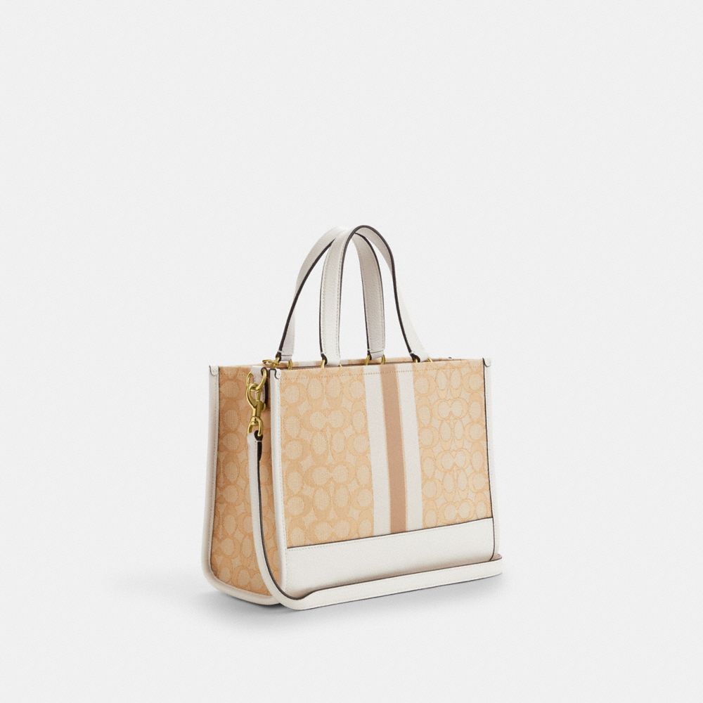 COACH®,DEMPSEY CARRYALL BAG IN SIGNATURE JACQUARD WITH STRIPE AND COACH PATCH,Medium,Gold/Light Khaki Chalk,Angle View