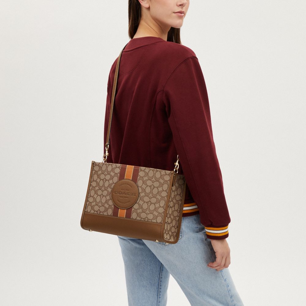 COACH®,Dempsey Carryall Bag In Signature Jacquard With Stripe And Coach Patch,Tote,Applique,Color Block,Stripe,Piping,Logo...,Multi Color,Detail View