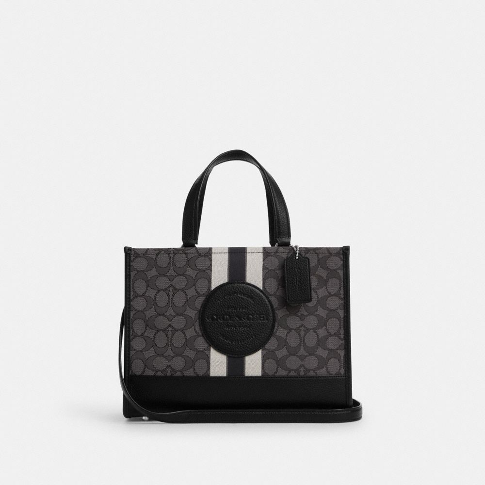 COACH®,DEMPSEY CARRYALL BAG IN SIGNATURE JACQUARD WITH STRIPE AND COACH PATCH,Medium,Silver/Black Smoke Black Multi,Front View