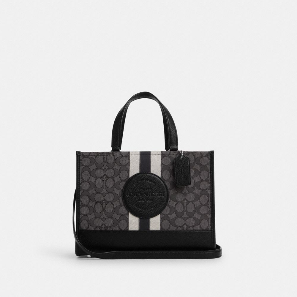 COACH®,FOURRE-TOUT DEMPSEY EN JACQUARD SIGNATURE AVEC RAYURE ET RENFORT COACH,Jacquard,Argent/Noir fumée multi noir,Front View