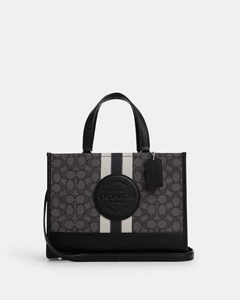 COACH®,DEMPSEY CARRYALL BAG IN SIGNATURE JACQUARD WITH STRIPE AND COACH PATCH,Jacquard,Medium,Silver/Black Smoke Black Multi,Front View