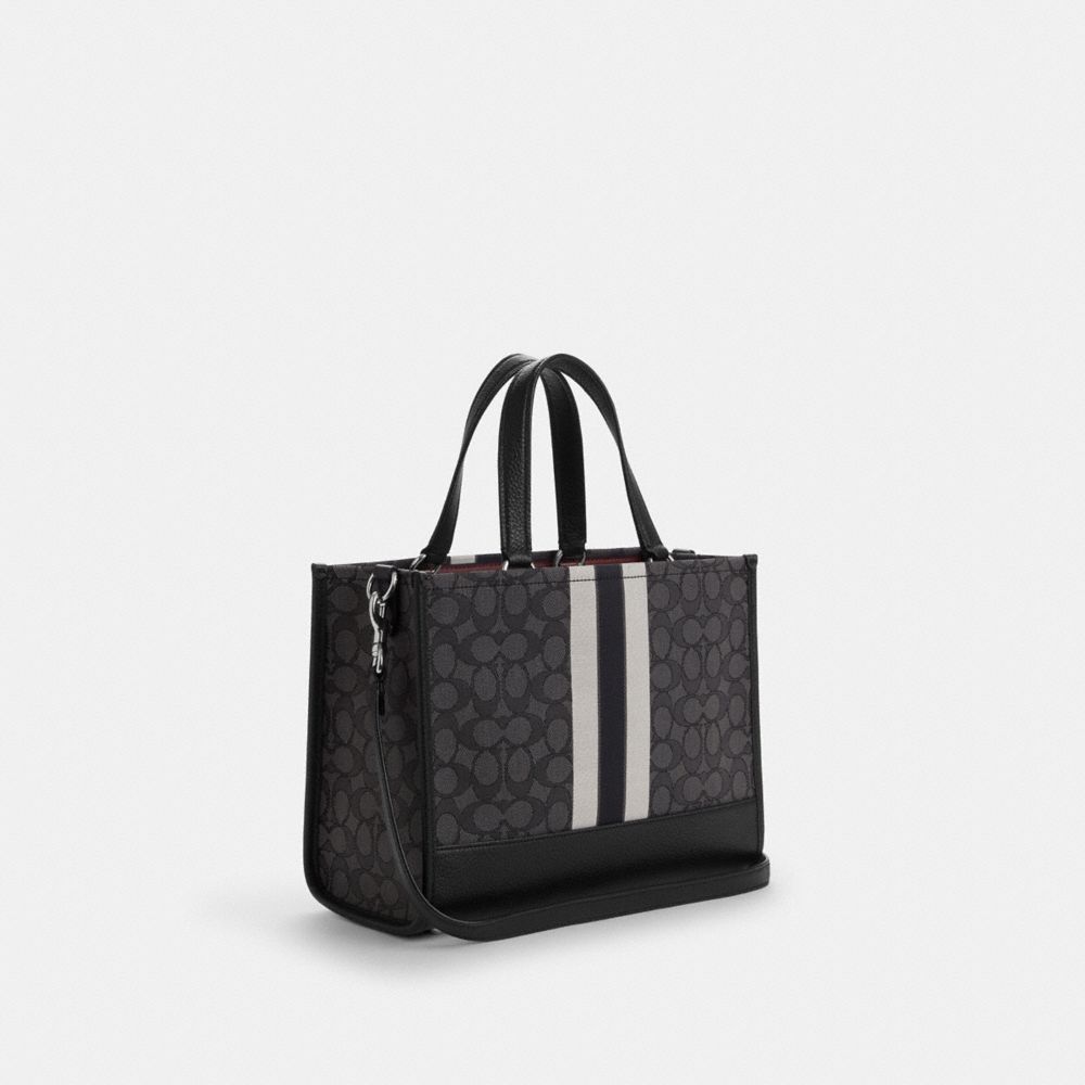 COACH®,DEMPSEY CARRYALL BAG IN SIGNATURE JACQUARD WITH STRIPE AND COACH PATCH,Medium,Silver/Black Smoke Black Multi,Angle View