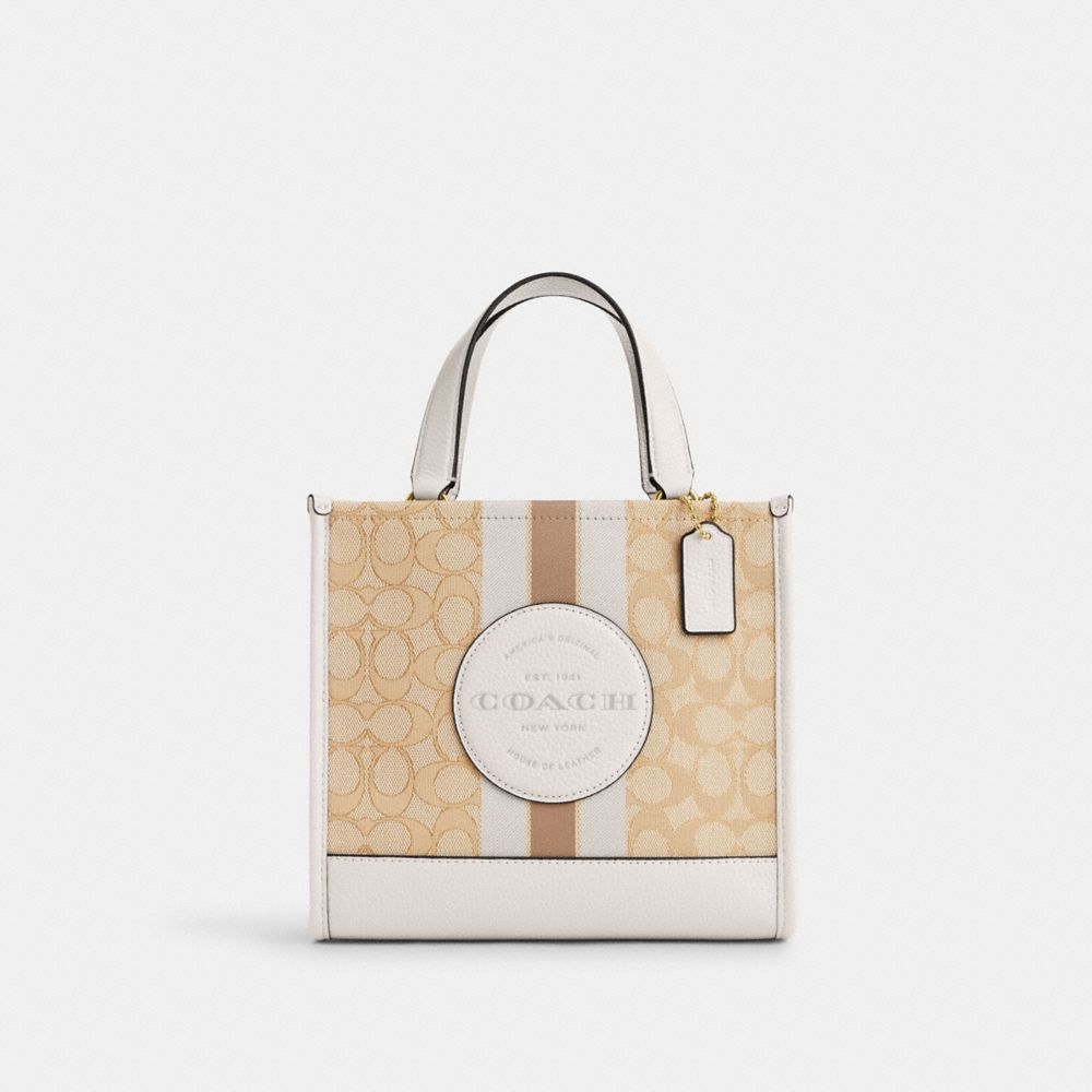 COACH®,DEMPSEY TOTE BAG 22 IN SIGNATURE JACQUARD WITH STRIPE AND COACH PATCH,Jacquard,Medium,Gold/Light Khaki Chalk,Front View