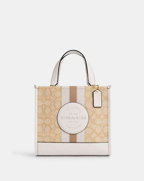 COACH®,DEMPSEY TOTE 22 IN SIGNATURE JACQUARD WITH STRIPE AND COACH PATCH,Jacquard,Medium,Gold/Light Khaki Chalk,Front View