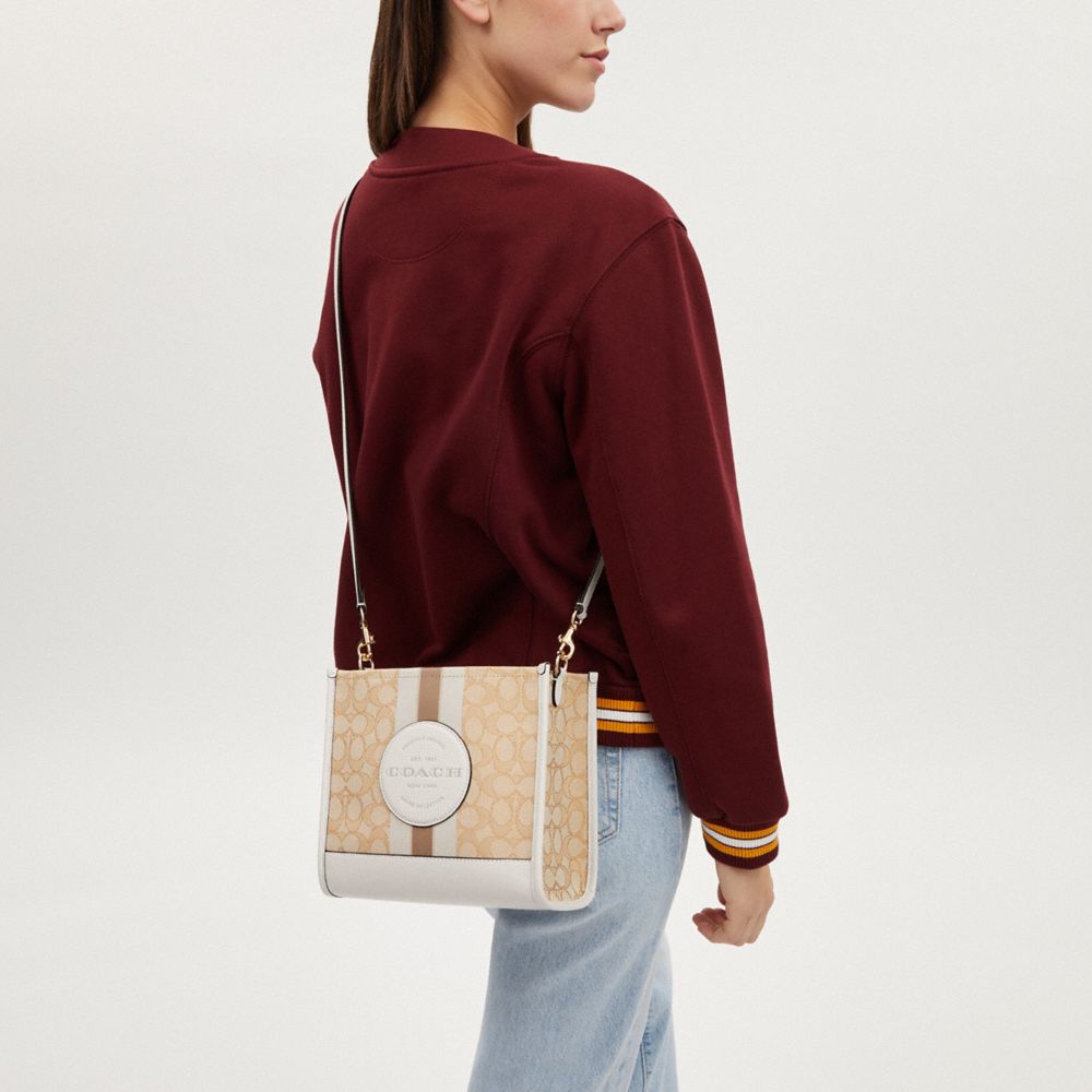 COACH®,Dempsey Tote Bag 22 In Signature Jacquard With Stripe And Coach Patch,Tote,Stripe,Piping,Logo,Color Block,Applique,...,Multi Color,Detail View