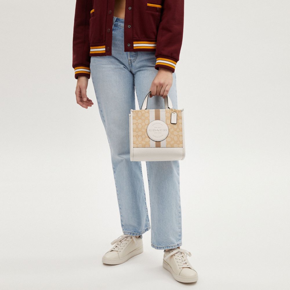 COACH®,Dempsey Tote Bag 22 In Signature Jacquard With Stripe And Coach Patch,Tote,Stripe,Piping,Logo,Color Block,Applique,...,Multi Color,Detail View