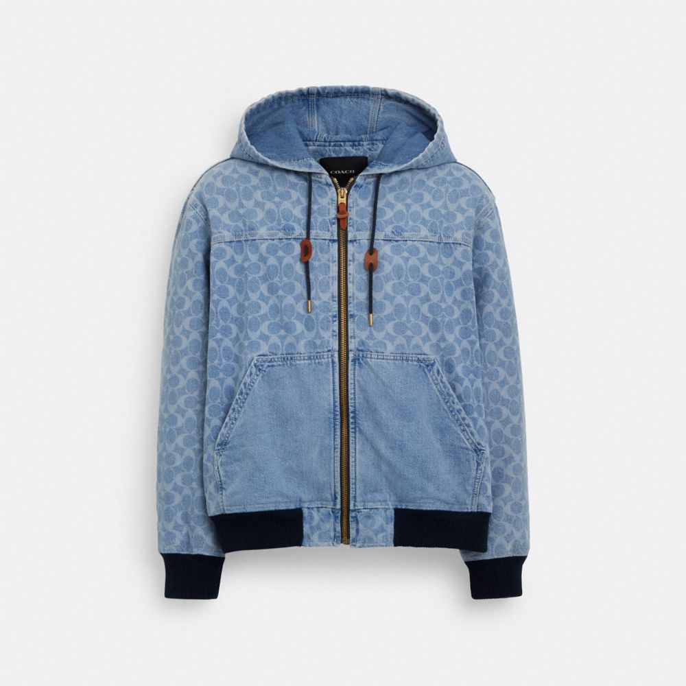 COACH®,SIGNATURE DENIM HOODED ZIP UP JACKET,cotton,Light Wash,Front View