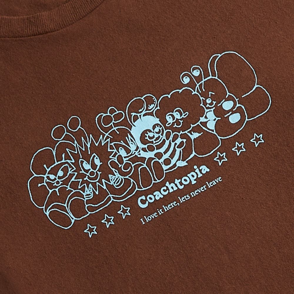 COACH®,Cropped T Shirt With Coachtopia Creatures Print,Recycled Cotton,Cotton,T Shirt,Sustainable,Casual,Brown,Closer View