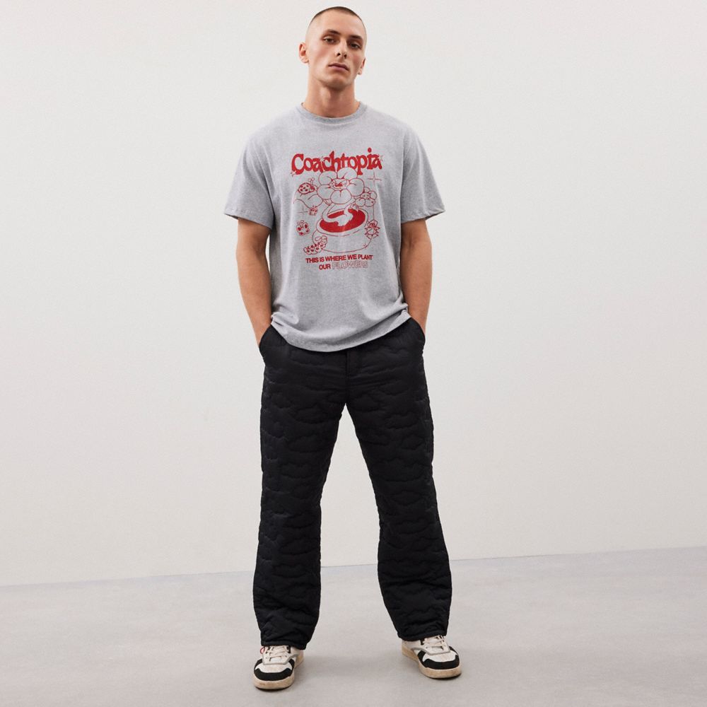 COACH®,Relaxed T Shirt With Flower Pot Print,Recycled Cotton,T Shirt,Word Embellishment,Casual,Gray,Scale View