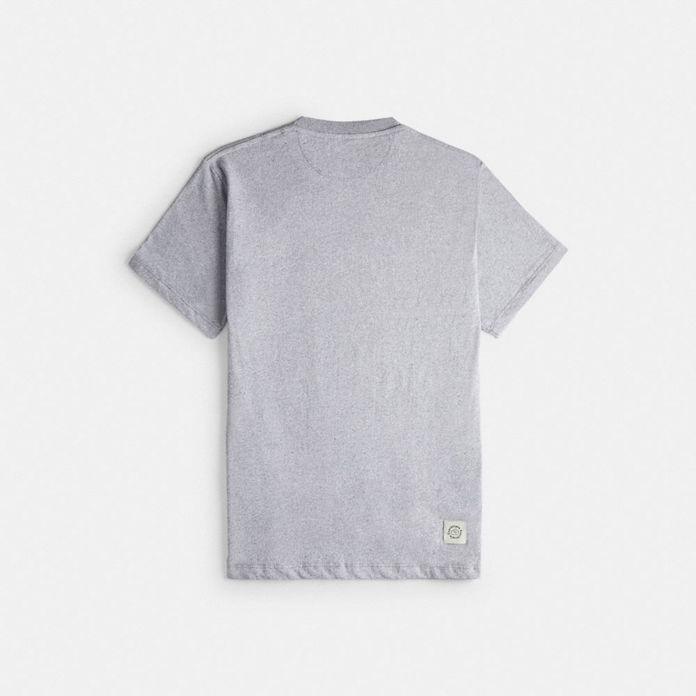 COACH®,Relaxed T Shirt With Flower Pot Print,Recycled Cotton,T Shirt,Word Embellishment,Casual,Gray,Back View