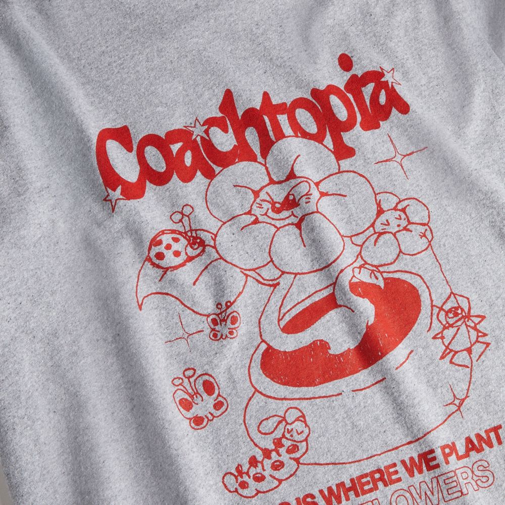 COACH®,Relaxed T Shirt With Flower Pot Print,Recycled Cotton,T Shirt,Word Embellishment,Casual,Gray,Closer View