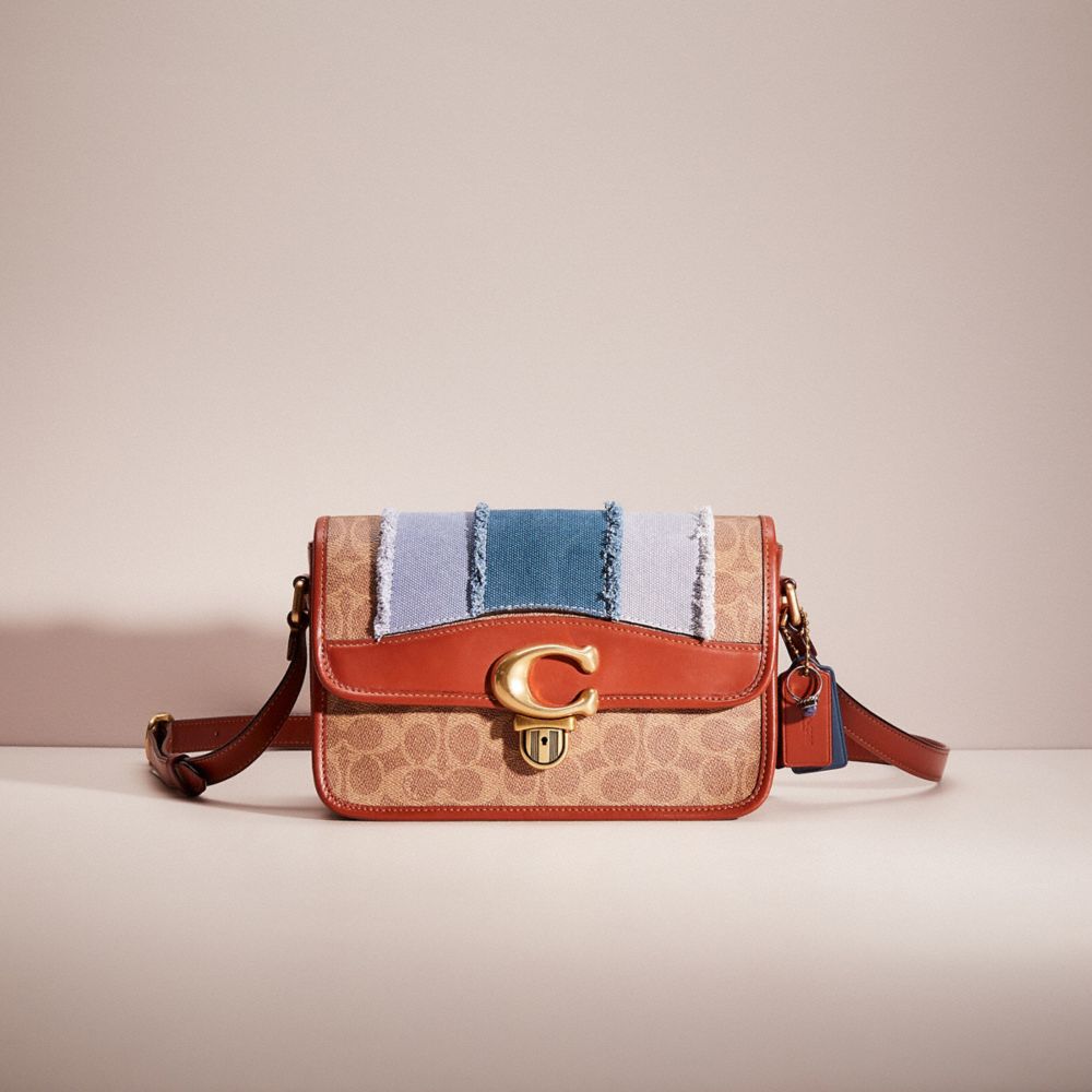 COACH®,UPCRAFTED STUDIO SHOULDER BAG IN SIGNATURE CANVAS,Signature Coated Canvas,Small,Denim Dream,Brass/Tan/Rust,Front View