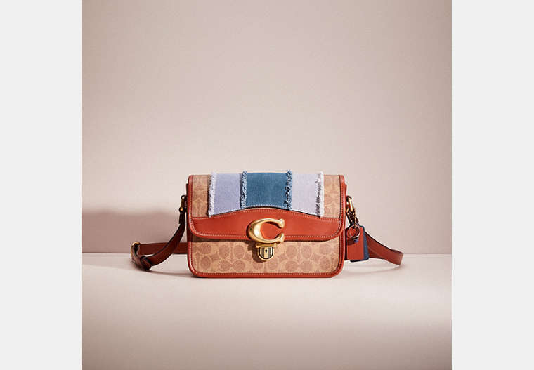 COACH®,UPCRAFTED STUDIO SHOULDER BAG IN SIGNATURE CANVAS,Signature Coated Canvas,Small,Denim Dream,Brass/Tan/Rust,Front View