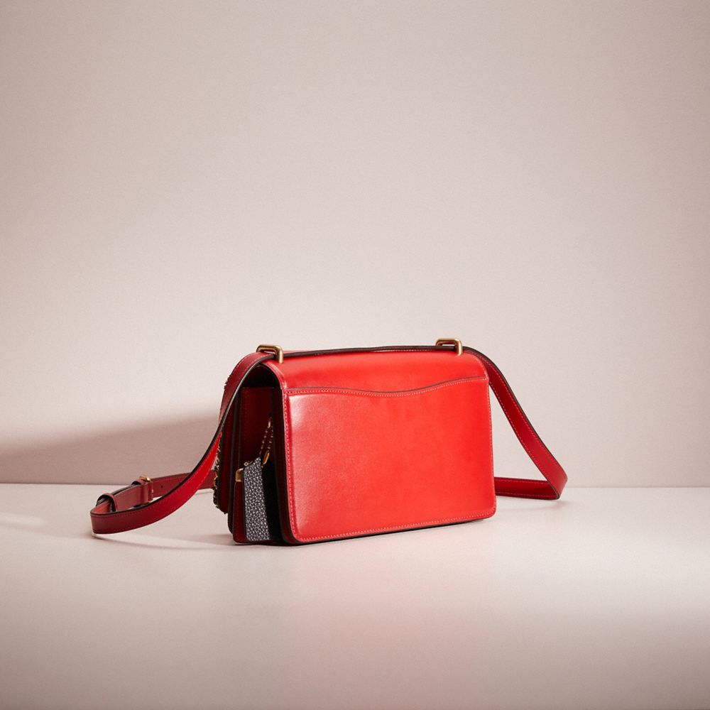 COACH®,Upcrafted Bandit Shoulder Bag,Calfskin Leather,Shoulder Bag,Frayed,Chain Detail,Mixed Media,Logo,Metal,Brass,Day Party,Red,Angle View