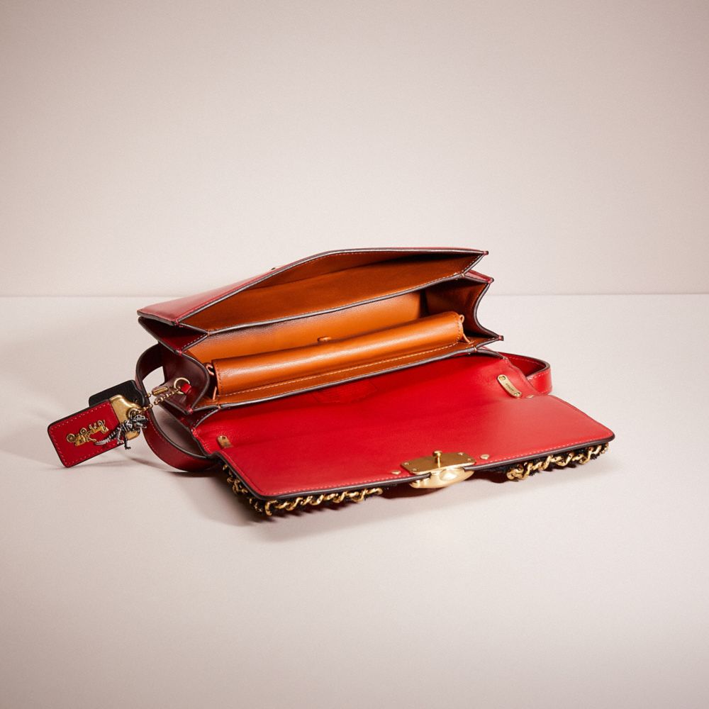 COACH®,Upcrafted Bandit Shoulder Bag,Calfskin Leather,Shoulder Bag,Frayed,Chain Detail,Mixed Media,Logo,Metal,Brass,Day Party,Red,Inside View,Top View