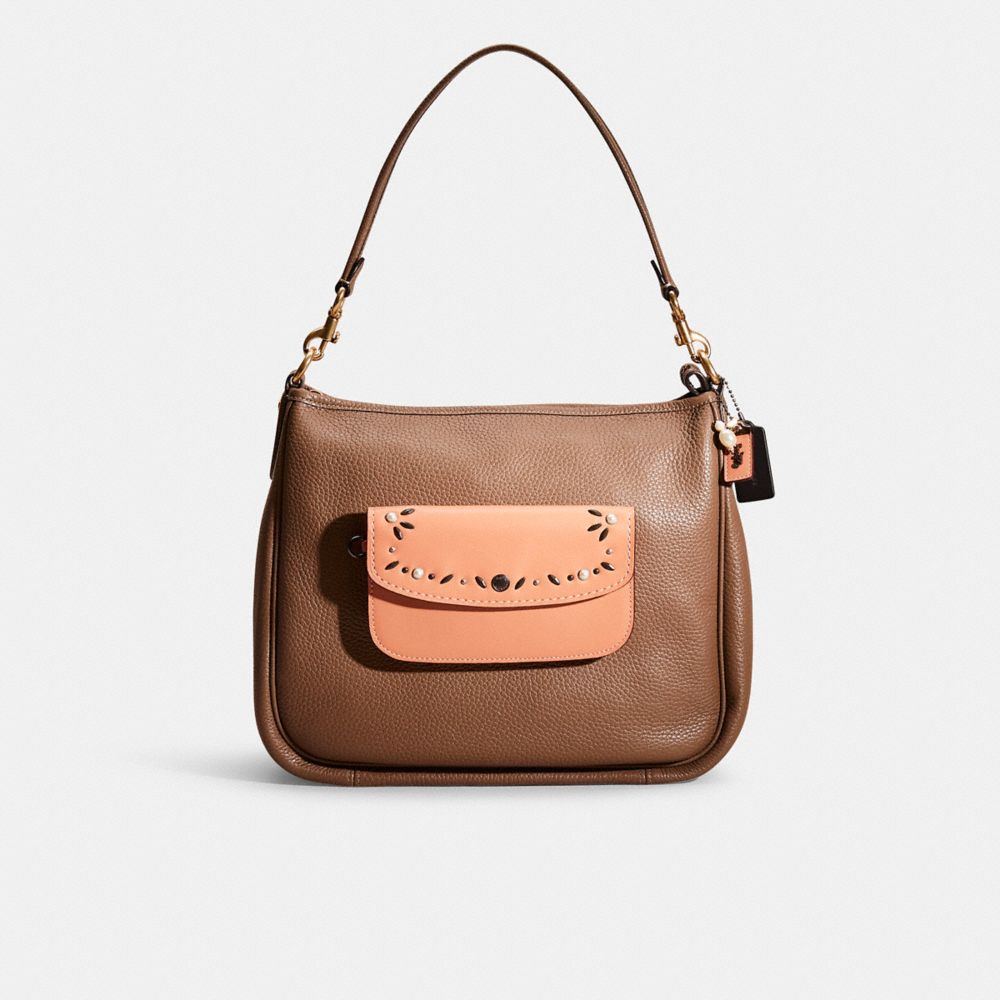 COACH®,Upcrafted Cary Shoulder Bag,Leather,Shoulder Bag,Pearl,Studded,Color Block,Shoulder Guard,Brass,Casual,Brown,Front View