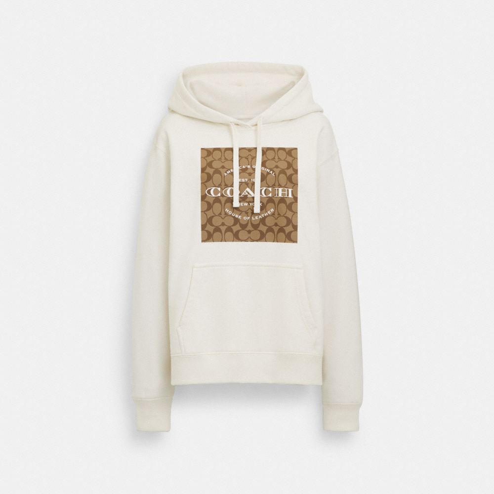 COACH®,Signature Square Hoodie,Cotton,Sweatshirt,Drawstring,Casual,White,Front View image number 0