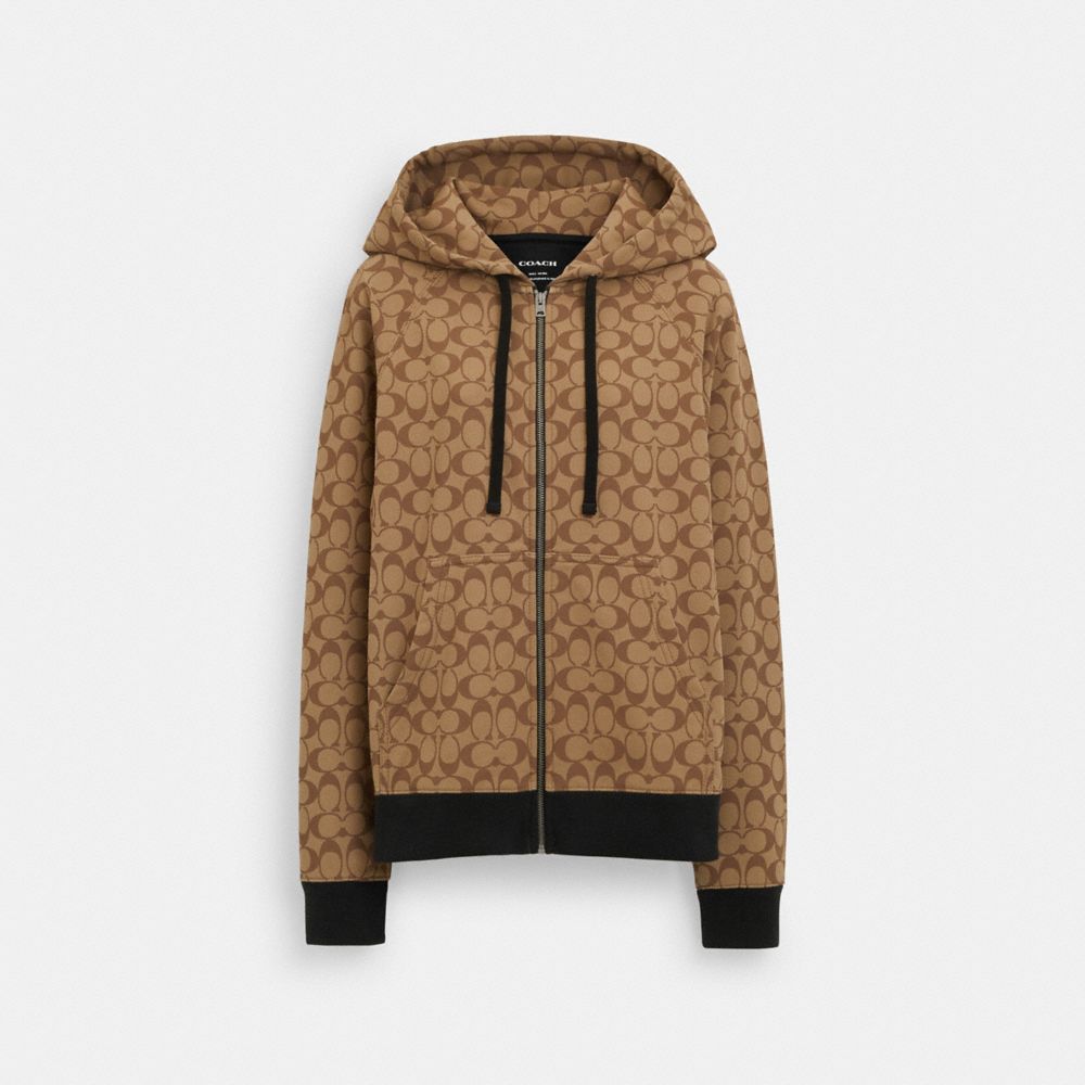 COACH®,ALL OVER SIGNATURE ZIP HOODIE,Khaki Multi,Front View image number 0