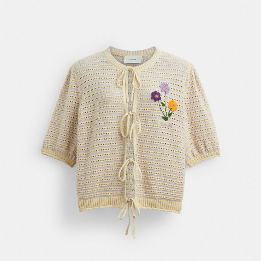 COACH®,FLORAL TIE FRONT SHORT SLEEVE CARDIGAN,Cream Lavender,Front View