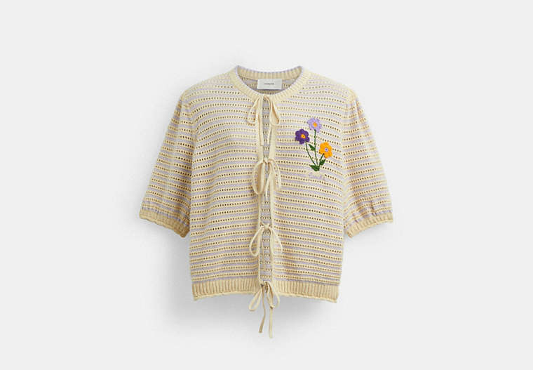 COACH®,FLORAL TIE FRONT SHORT SLEEVE CARDIGAN,Cream Lavender,Front View