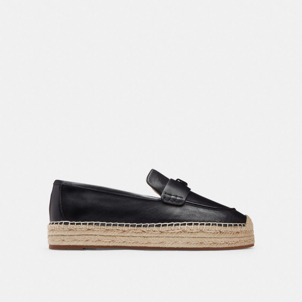 COACH®,Camilla Espadrille,Rubber,Leather,Sandals,Espadrilles,Loafer,Penny Loafer,Metal,Logo,Traction,Casual,Work,Black,Angle View