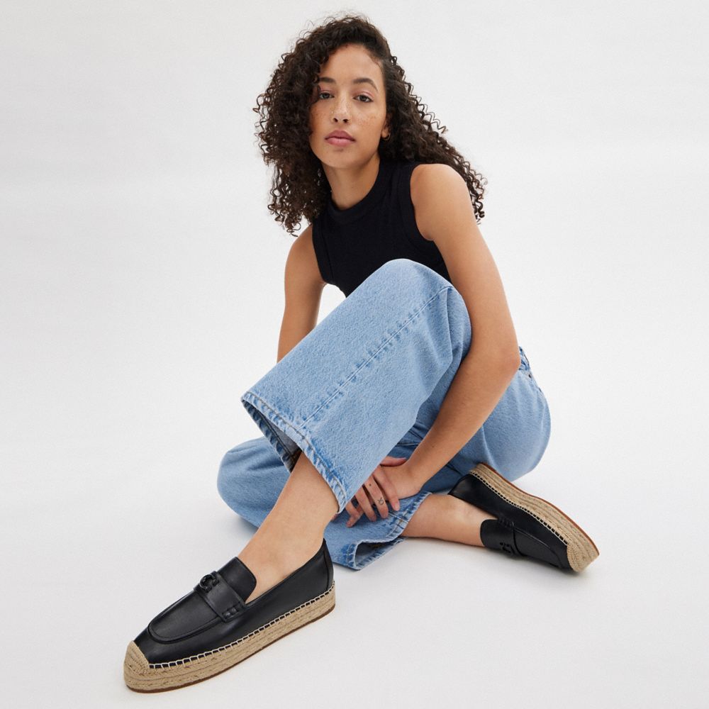 COACH®,Camilla Espadrille,Rubber,Leather,Sandals,Espadrilles,Loafer,Penny Loafer,Metal,Logo,Traction,Casual,Work,Black,Detail View