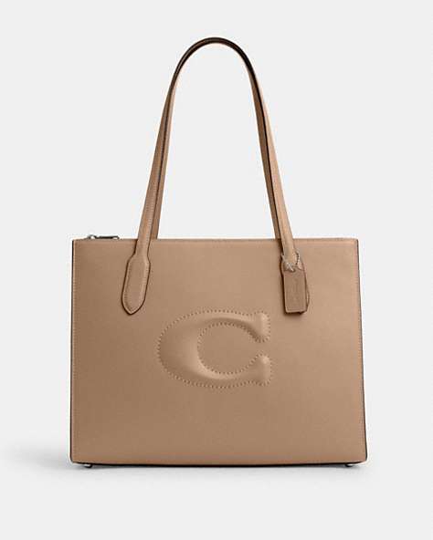 COACH®,NINA TOTE,Leather,Large,Silver/Taupe,Front View