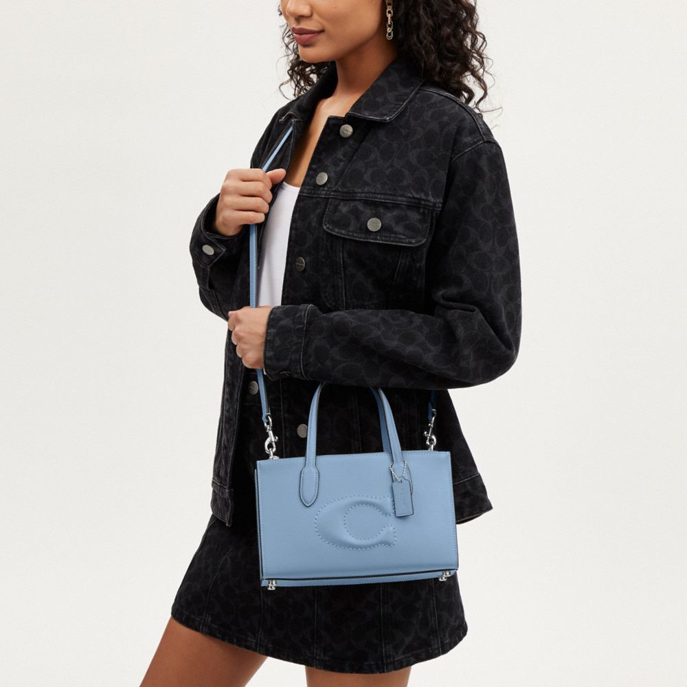COACH®,Nina Small Tote Bag,Calf Hair,Leather,Tote,Logo,Embossed,Casual,Blue,Detail View