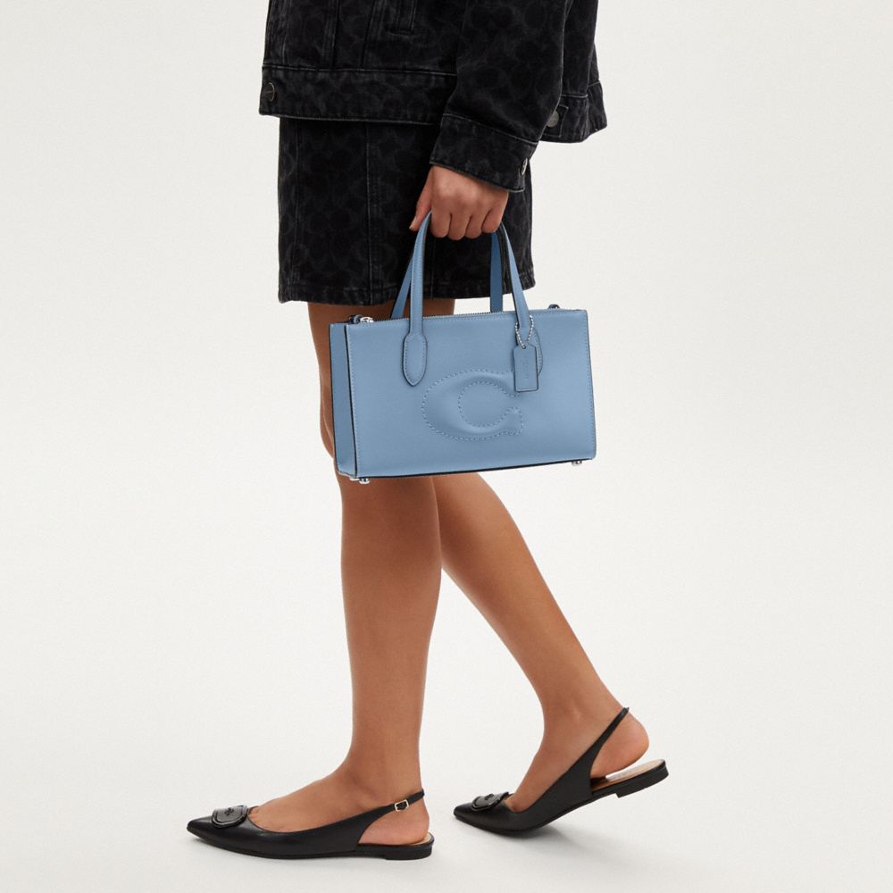 COACH®,Nina Small Tote Bag,Calf Hair,Leather,Tote,Logo,Embossed,Casual,Blue,Detail View