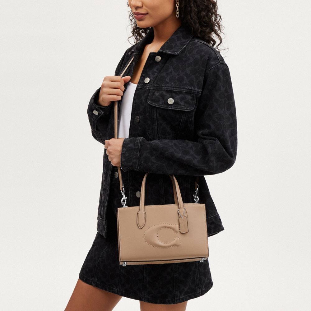 COACH®,Nina Small Tote Bag,Calf Hair,Leather,Tote,Logo,Embossed,Casual,Beige,Detail View
