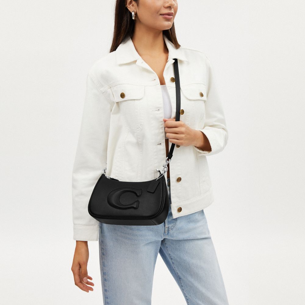 COACH®,Teri Shoulder Bag,Calf Hair,Leather,Shoulder Bag,Embossed,Logo,Silver Metal,Casual,Black,Detail View