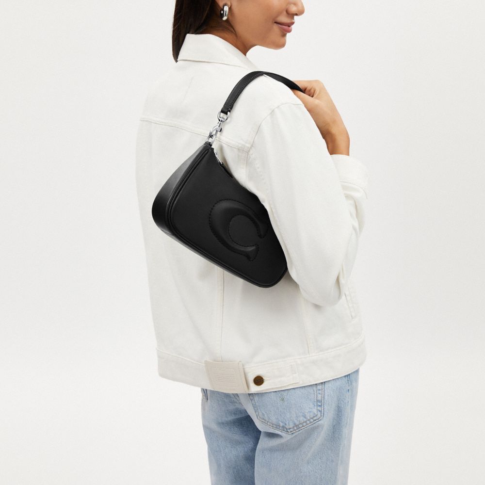 COACH®,Teri Shoulder Bag,Calf Hair,Leather,Shoulder Bag,Embossed,Logo,Silver Metal,Casual,Black,Detail View