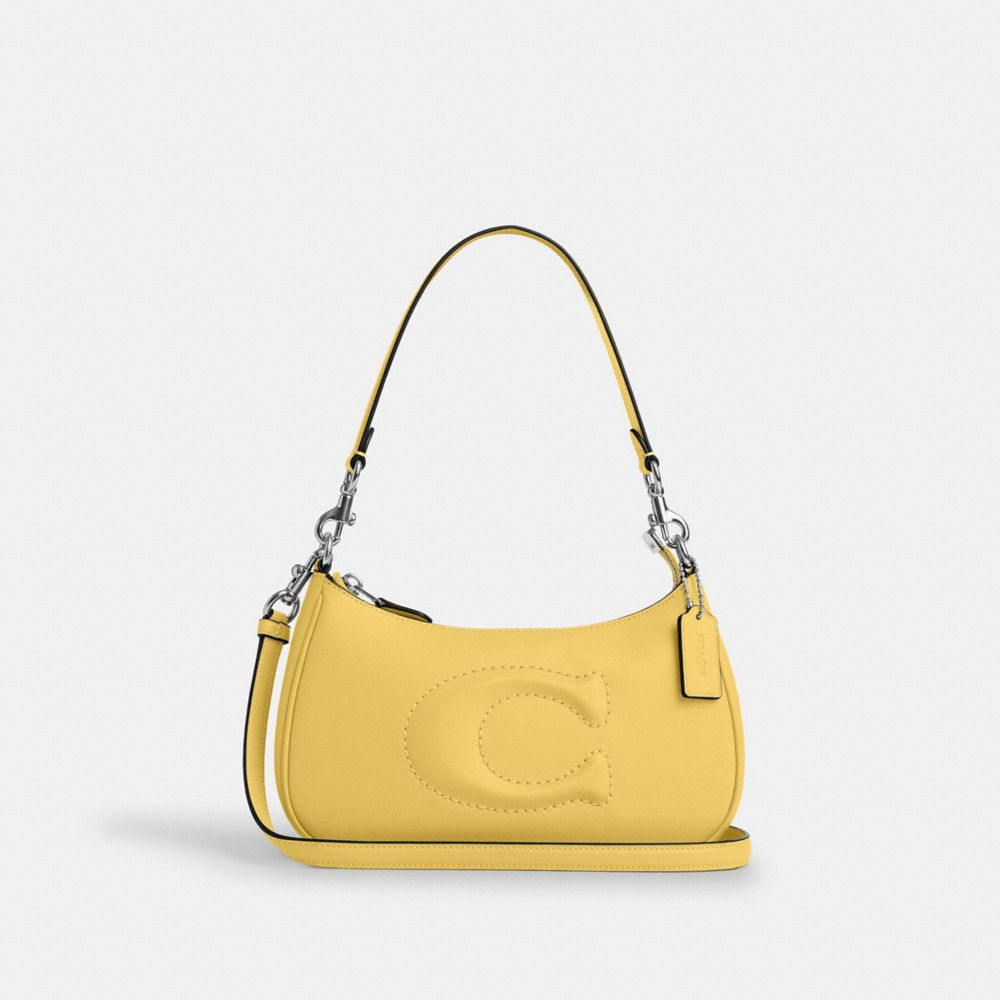 COACH®,Teri Shoulder Bag,Calf Hair,Leather,Shoulder Bag,Embossed,Logo,Silver Metal,Casual,Yellow,Front View