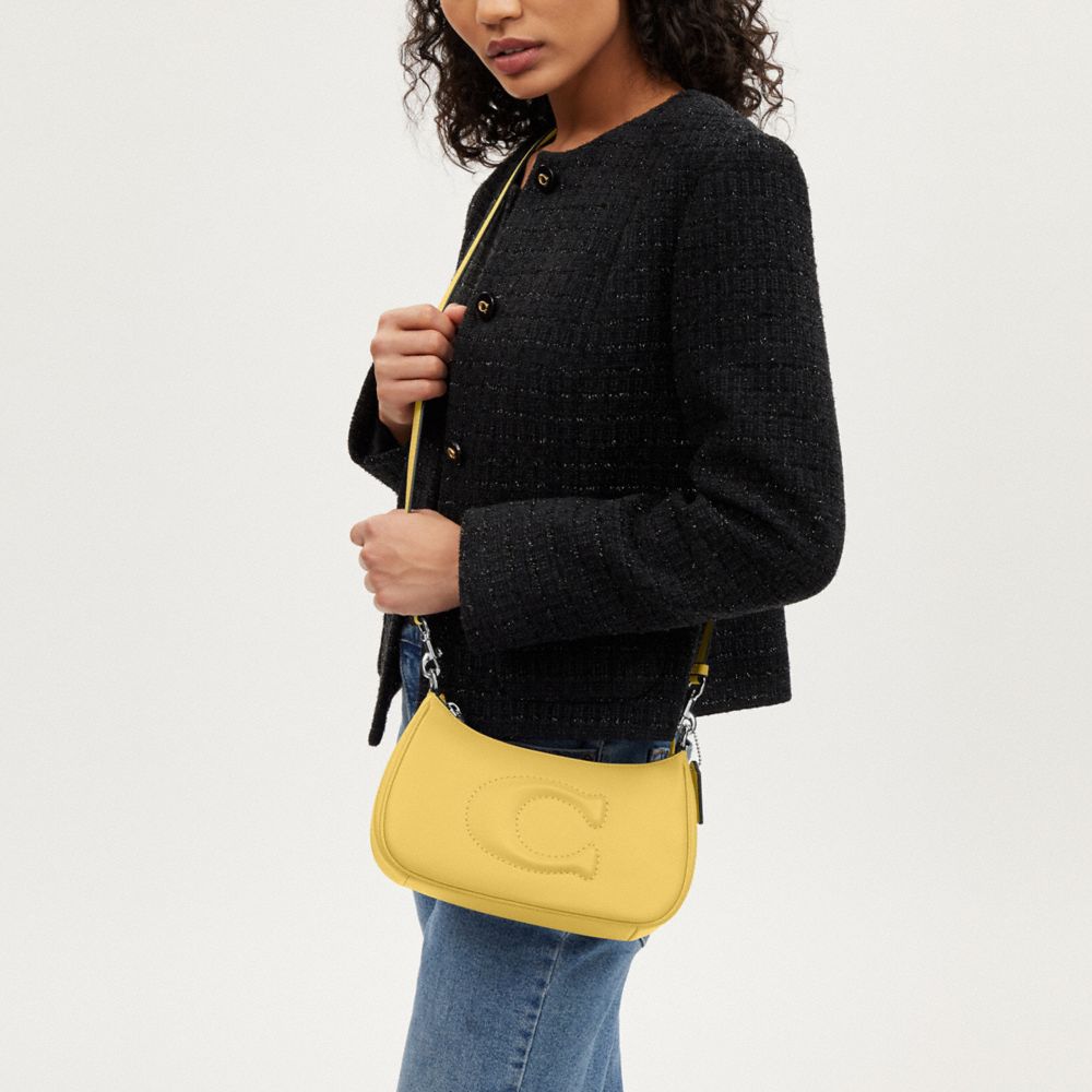 COACH®,Teri Shoulder Bag,Leather,Calf Hair,Shoulder Bag,Logo,Embossed,Silver Metal,Casual,Yellow,Detail View