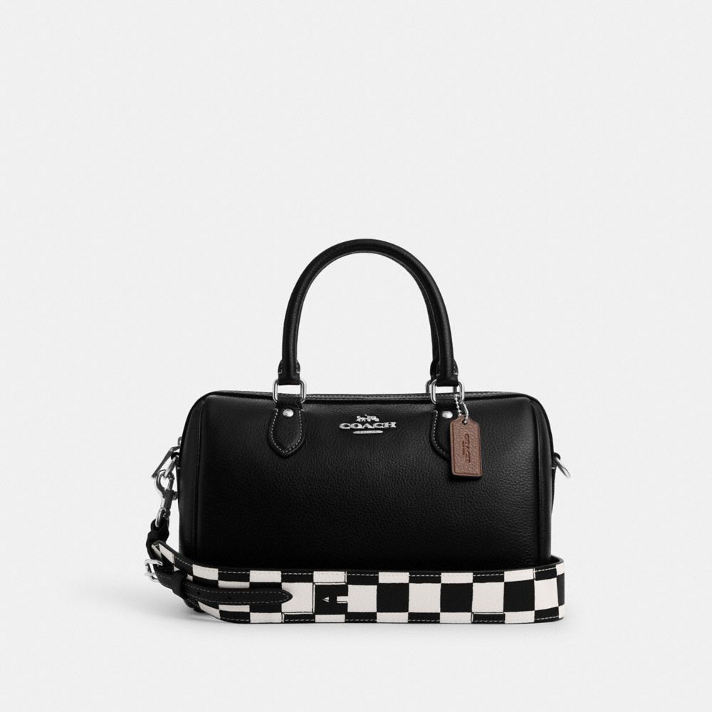 COACH®,ROWAN SATCHEL BAG WITH CHECKERBOARD PRINT,Novelty Leather,Medium,Silver/Black/Chalk,Front View