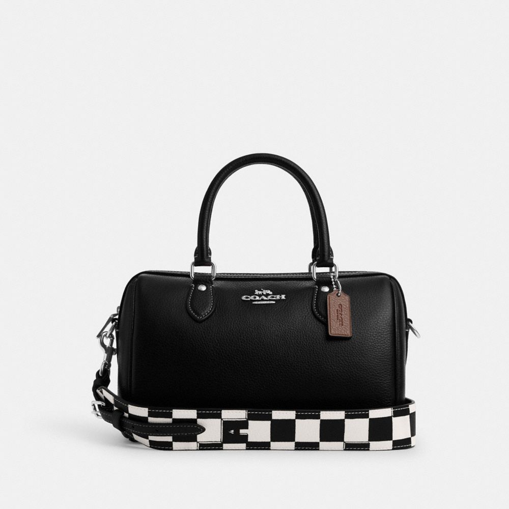 COACH®,ROWAN SATCHEL BAG WITH CHECKERBOARD PRINT,Novelty Leather,Medium,Silver/Black/Chalk,Front View