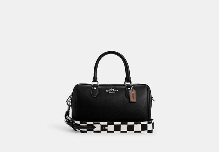 COACH®,ROWAN SATCHEL BAG WITH CHECKERBOARD PRINT,Leather,Medium,Silver/Black/Chalk,Front View